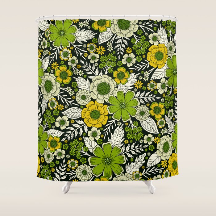 Modern Yellow & Green Floral Pattern Shower Curtain Gallery Image 1