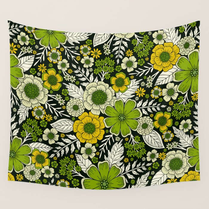 Modern Yellow & Green Floral Pattern Wall Tapestry Gallery Image 4