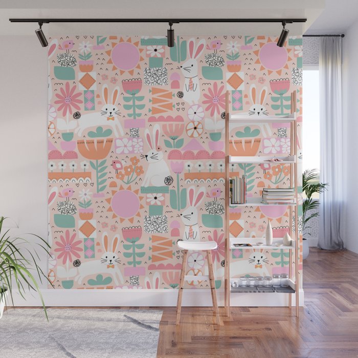 Cute Bunnies Pink Wall Mural Gallery Image 1