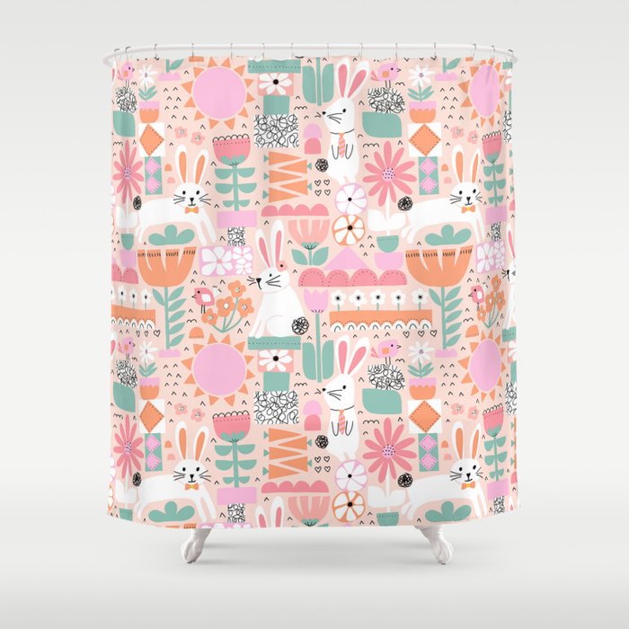 Cute Bunnies Pink Shower Curtain Gallery Image 1