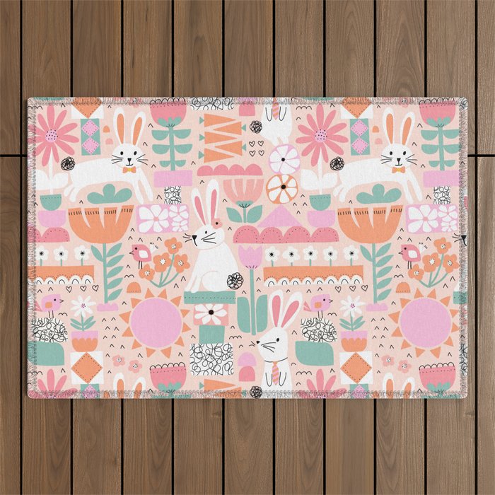 Cute Bunnies Pink Outdoor Rug Gallery Image 1