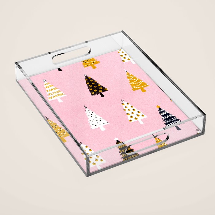 Christmas Trees Modern Pink Pattern #pinkchristmas #christmaspattern Acrylic Tray Gallery Image 1