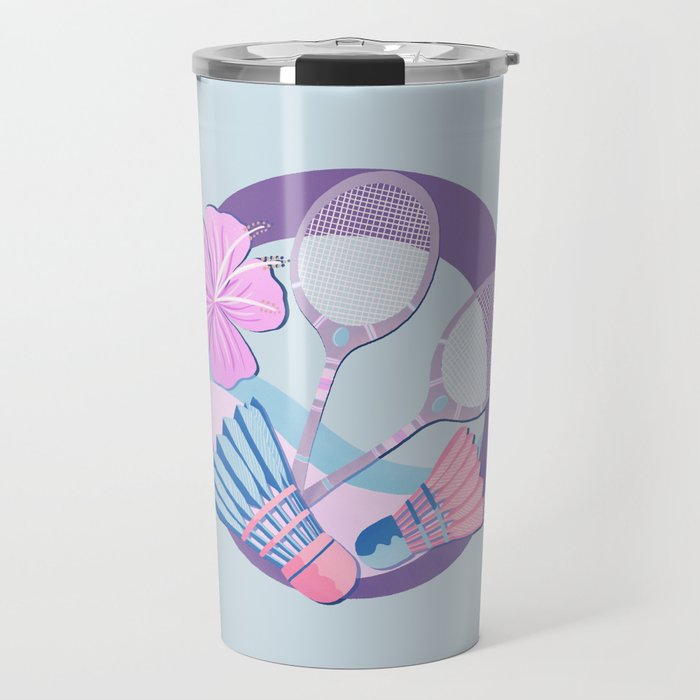 Tropical badminton badge - pastel purple and pink Travel Mug Gallery Image 1
