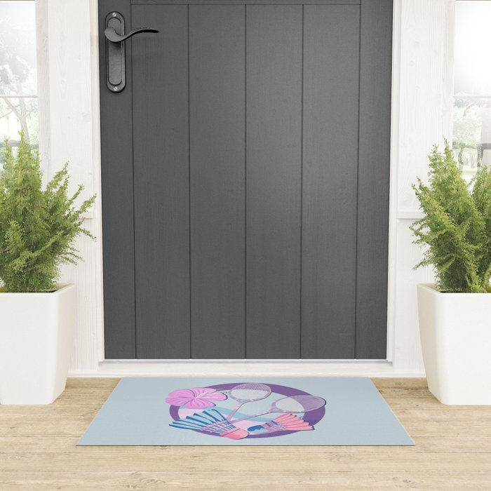 Tropical badminton badge - pastel purple and pink Welcome Mat Gallery Image 3