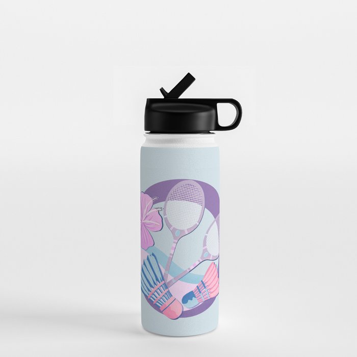 Tropical badminton badge - pastel purple and pink Water Bottle Gallery Image 1