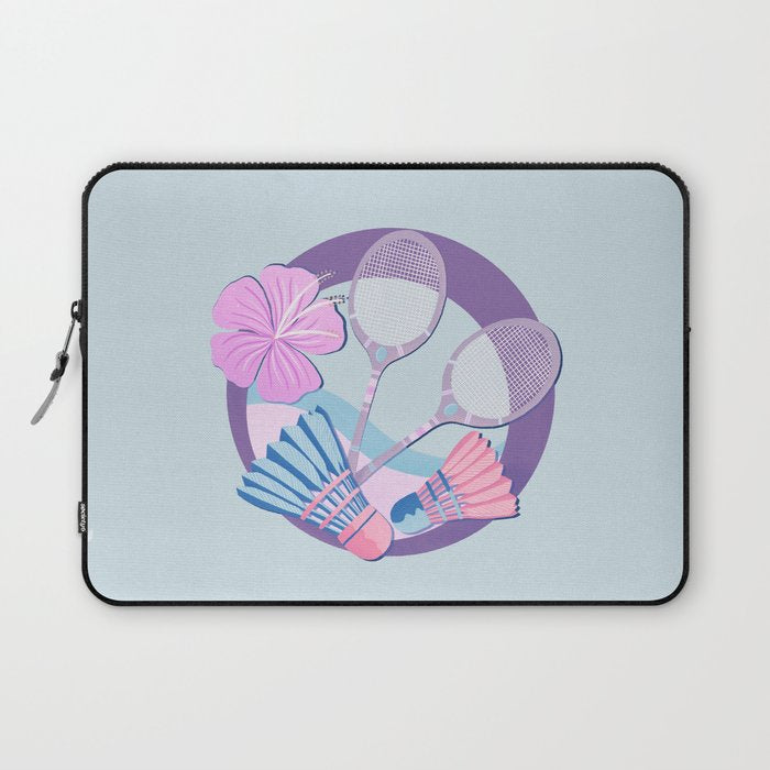 Tropical badminton badge - pastel purple and pink Laptop Sleeve Gallery Image 1