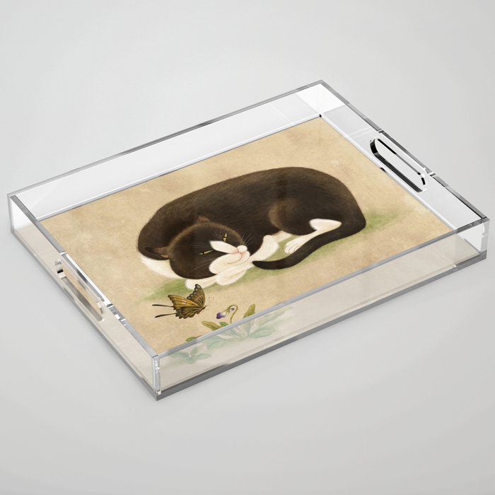Minhwa: cat & butterfly 2 (Korean traditional/folk art)  Acrylic Tray Gallery Image 1