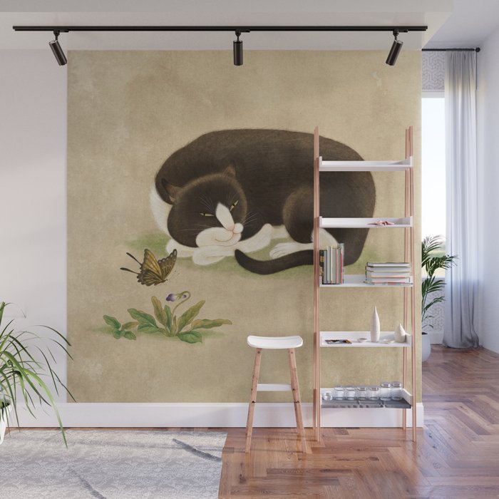 Minhwa: cat & butterfly 2 (Korean traditional/folk art)  Wall Mural Gallery Image 1