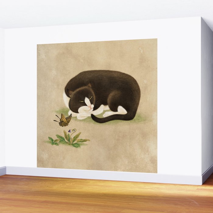 Minhwa: cat & butterfly 2 (Korean traditional/folk art)  Wall Mural Gallery Image 2