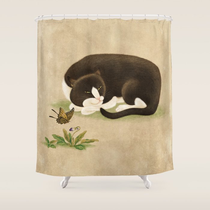 Minhwa: cat & butterfly 2 (Korean traditional/folk art)  Shower Curtain Gallery Image 1