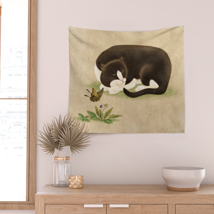 Minhwa: cat & butterfly 2 (Korean traditional/folk art)  Wall Tapestry Gallery Image 2