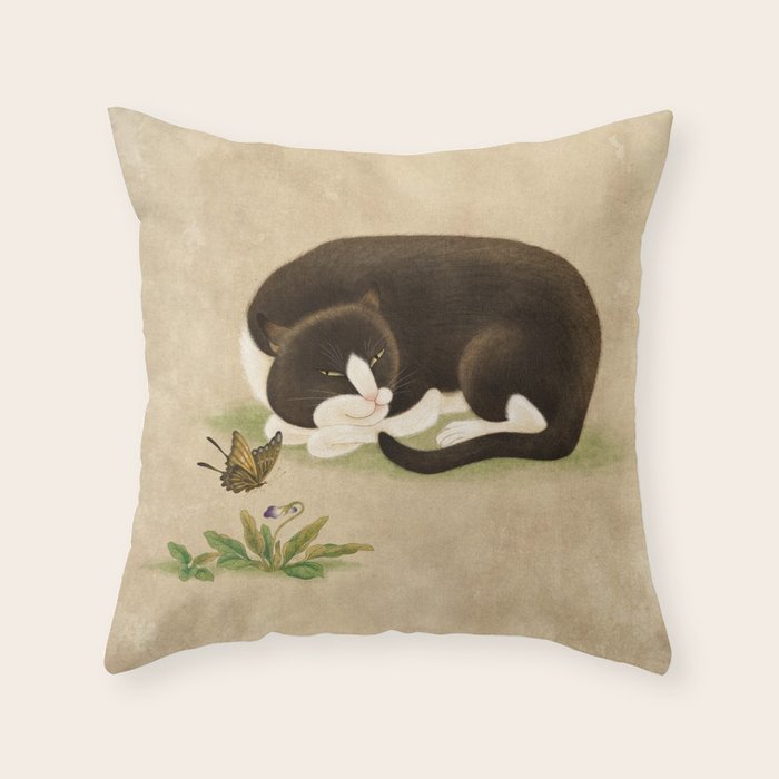Minhwa: cat & butterfly 2 (Korean traditional/folk art)  Throw Pillow Gallery Image 1