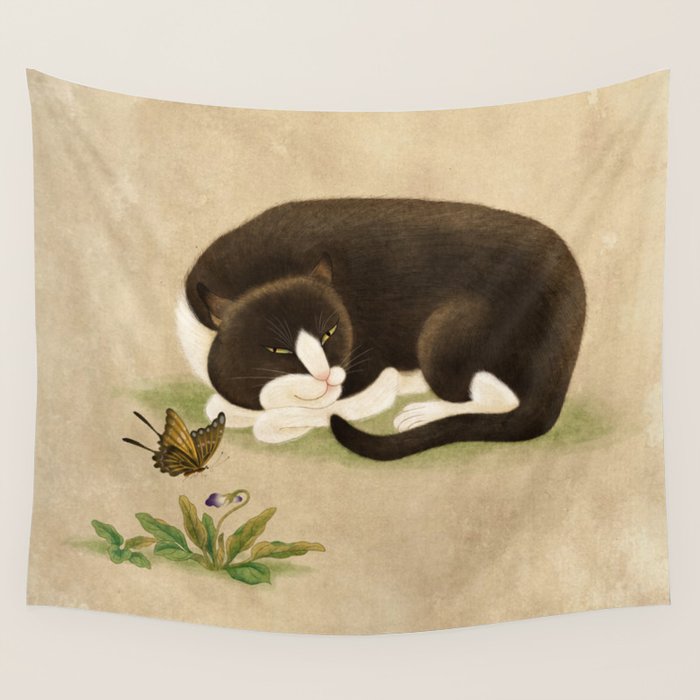Minhwa: cat & butterfly 2 (Korean traditional/folk art)  Wall Tapestry Gallery Image 4