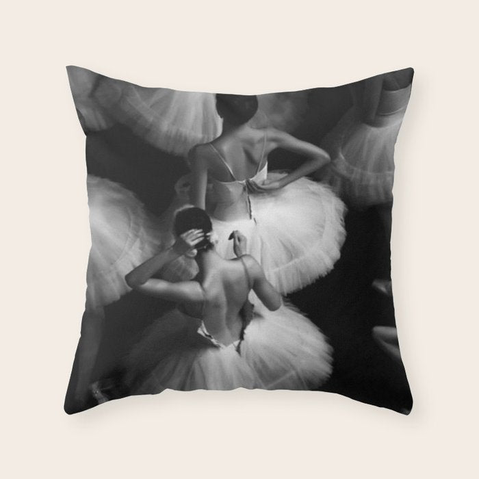 Ballerinas getting ready for the big performance black and white photograph - photographs Throw Pillow Gallery Image 1