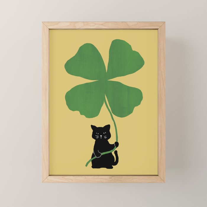 Cat with clover Mini Art Print Gallery Image 1
