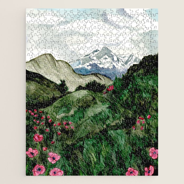 Field of flowers and mountains dreamy watercolor, landscape painting Jigsaw Puzzle Gallery Image 1