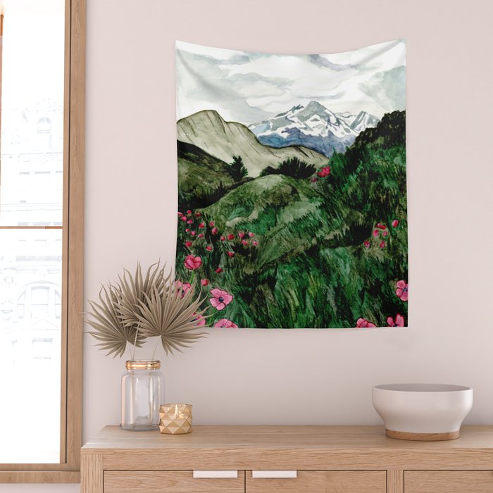 Field of flowers and mountains dreamy watercolor, landscape painting Wall Tapestry Gallery Image 2