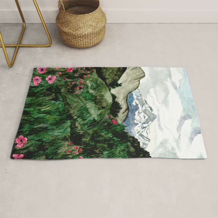 Field of flowers and mountains dreamy watercolor, landscape painting Rug Gallery Image 1