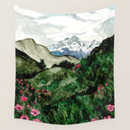 Field of flowers and mountains dreamy watercolor, landscape painting Wall Tapestry Gallery Image 4