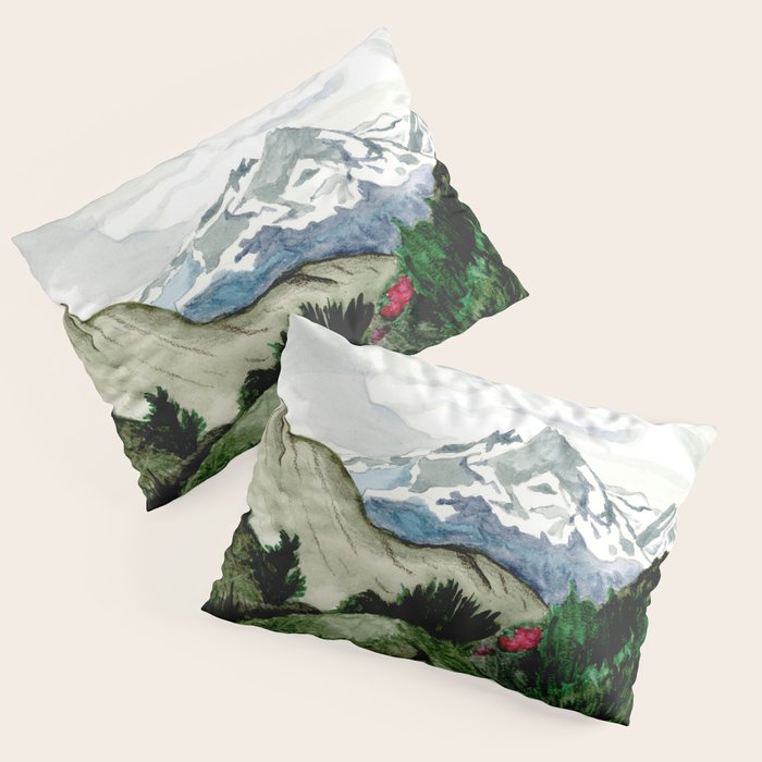 Field of flowers and mountains dreamy watercolor, landscape painting Pillow Sham Gallery Image 1