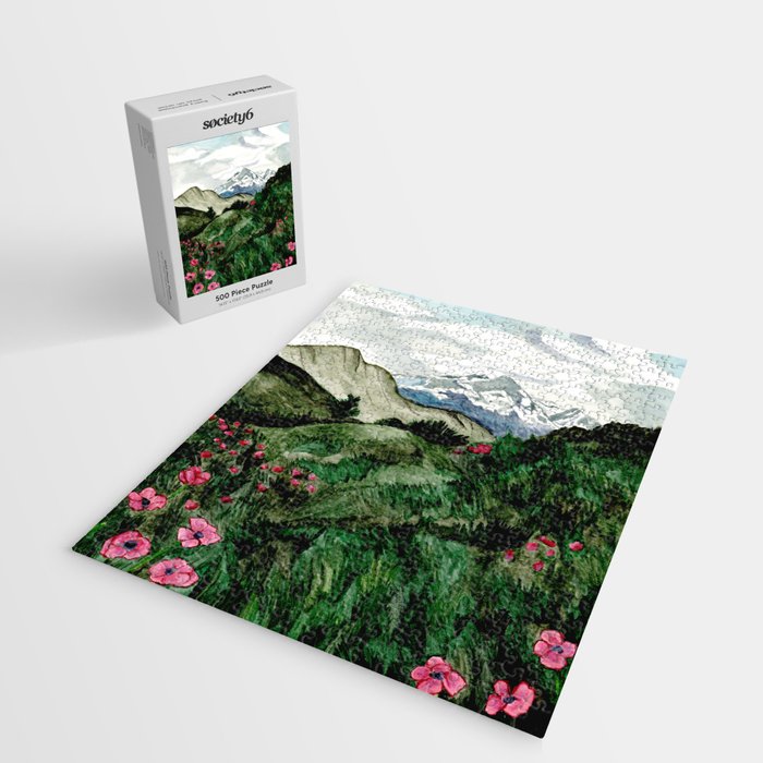 Field of flowers and mountains dreamy watercolor, landscape painting Jigsaw Puzzle Gallery Image 2