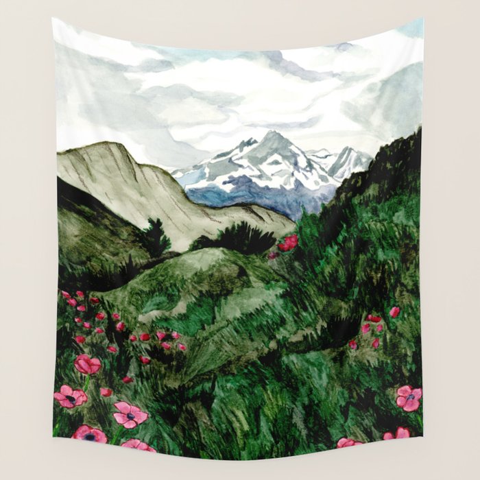 Field of flowers and mountains dreamy watercolor, landscape painting Wall Tapestry Gallery Image 1