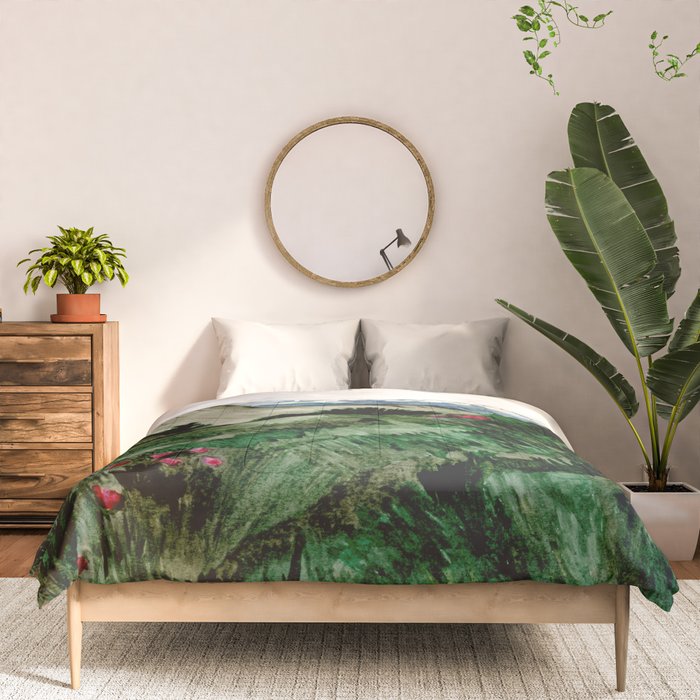Field of flowers and mountains dreamy watercolor, landscape painting Comforter Gallery Image 3