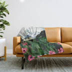 Field of flowers and mountains dreamy watercolor, landscape painting Throw Blanket Gallery Image 1