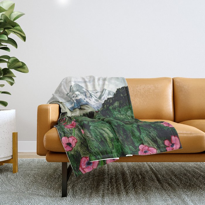 Field of flowers and mountains dreamy watercolor, landscape painting Throw Blanket Gallery Image 1