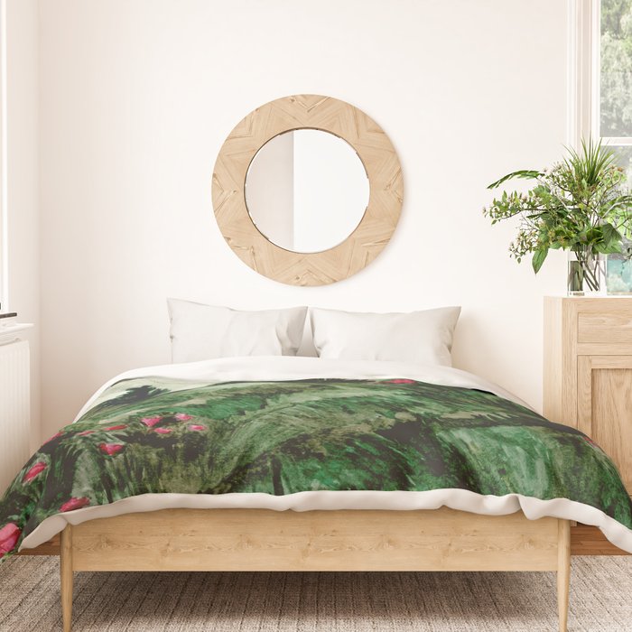Field of flowers and mountains dreamy watercolor, landscape painting Duvet Cover Gallery Image 3