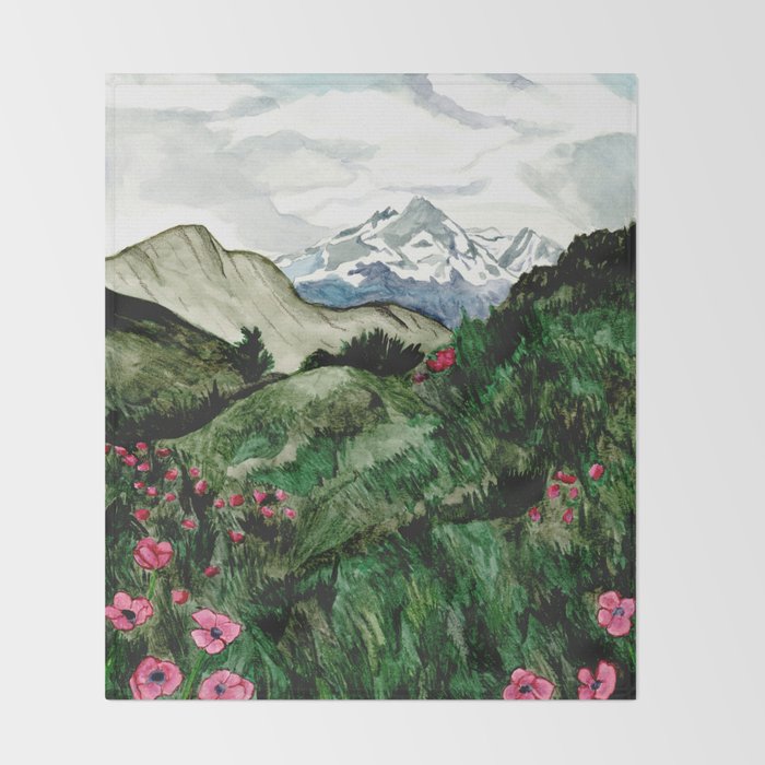 Field of flowers and mountains dreamy watercolor, landscape painting Throw Blanket Gallery Image 2