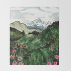 Field of flowers and mountains dreamy watercolor, landscape painting Throw Blanket Gallery Image 2