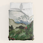 Field of flowers and mountains dreamy watercolor, landscape painting Comforter Gallery Image 6