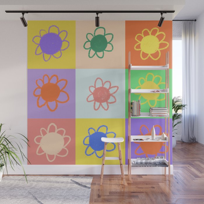 Floral checkerboard pattern Wall Mural Gallery Image 1