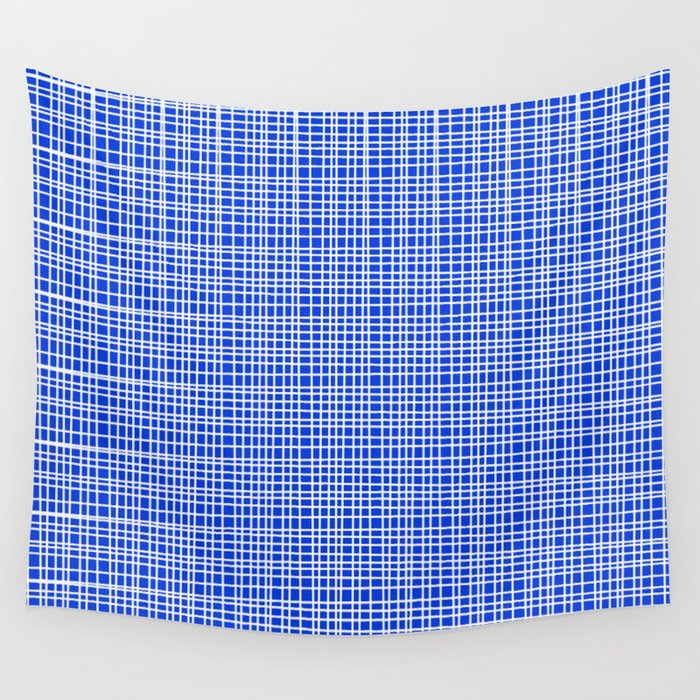 Royal Blue Fine Weave Retro Mid Century Modern Minimalist Woven Line Pattern Wall Tapestry Gallery Image 1