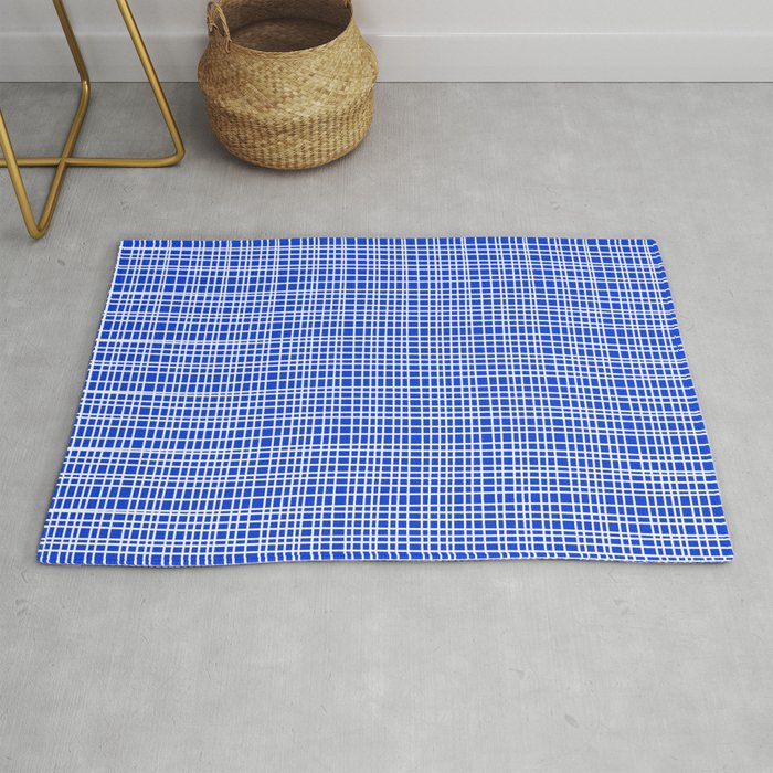 Royal Blue Fine Weave Retro Mid Century Modern Minimalist Woven Line Pattern Rug Gallery Image 1