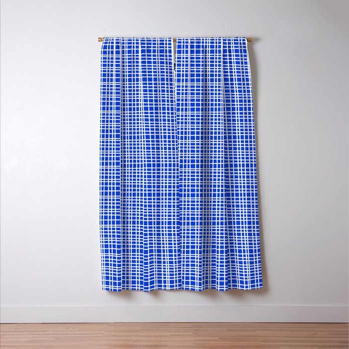 Royal Blue Fine Weave Retro Mid Century Modern Minimalist Woven Line Pattern Window Curtain Gallery Image 3