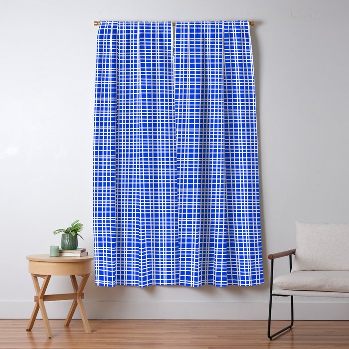Royal Blue Fine Weave Retro Mid Century Modern Minimalist Woven Line Pattern Window Curtain Gallery Image 1