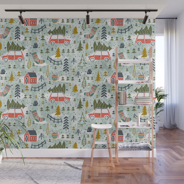 Home For The Holidays Blush Mint Christmas Wall Mural Gallery Image 1