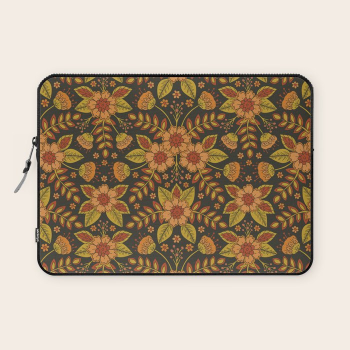 Orange, Peach, Olive Green & Dark Gray Floral Pattern Laptop Sleeve Gallery Image 1