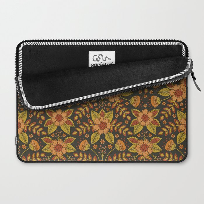 Orange, Peach, Olive Green & Dark Gray Floral Pattern Laptop Sleeve Gallery Image 2