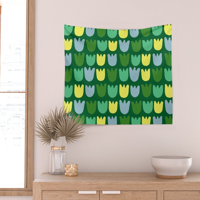 Rows of Tulips in Bloom in Sage & Chartreuse Wall Tapestry Gallery Image 2