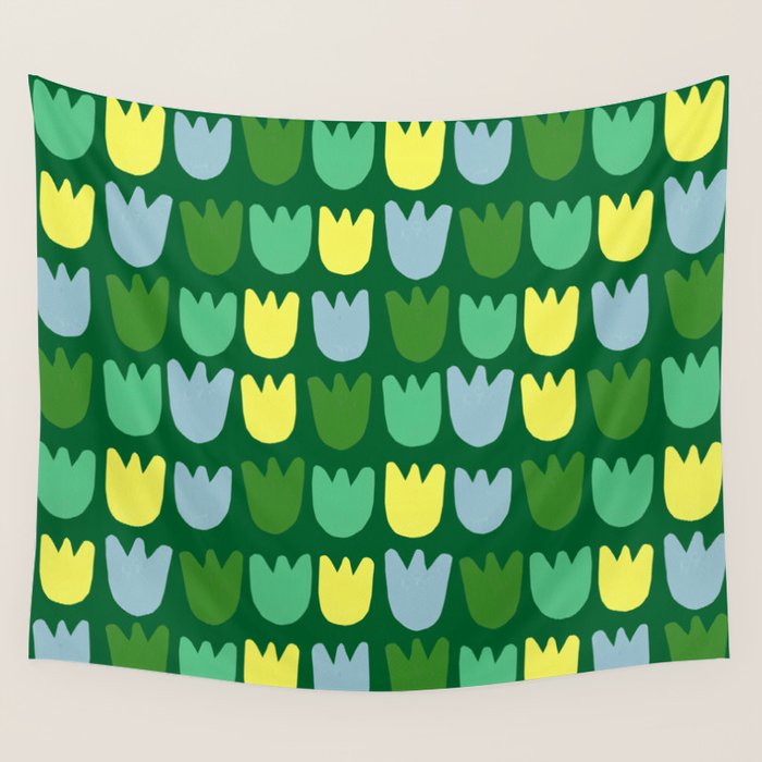Rows of Tulips in Bloom in Sage & Chartreuse Wall Tapestry Gallery Image 1