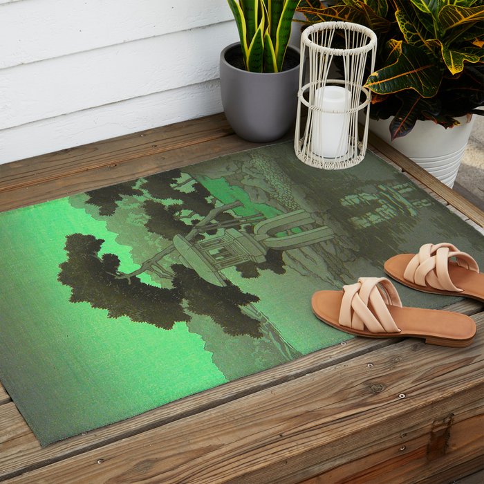Kawase Hasui Vintage Japanese Woodblock Print Glowing Green Neon Sky Over A Zen Garden Shrine Outdoor Rug Gallery Image 2