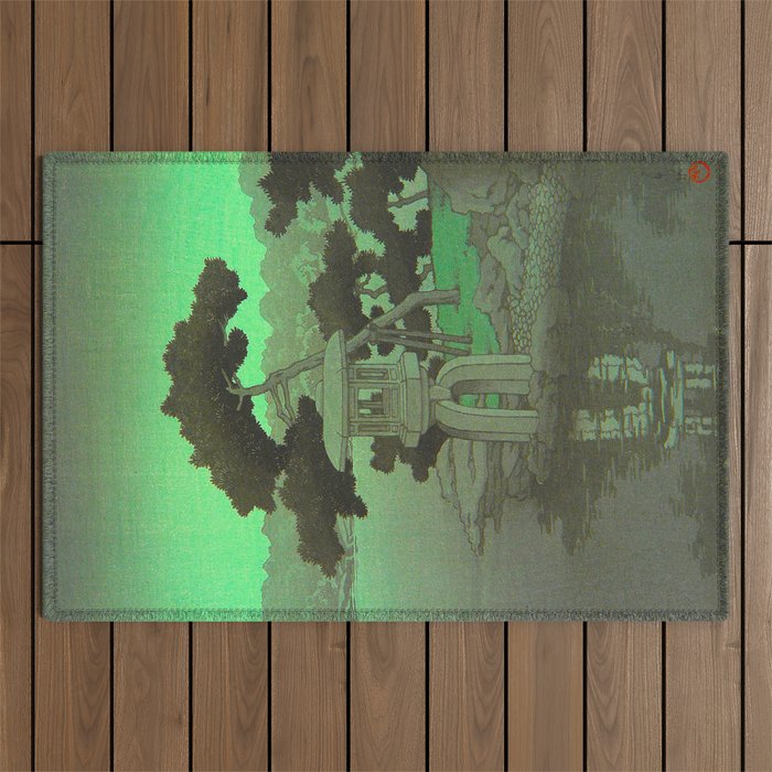 Kawase Hasui Vintage Japanese Woodblock Print Glowing Green Neon Sky Over A Zen Garden Shrine Outdoor Rug Gallery Image 1