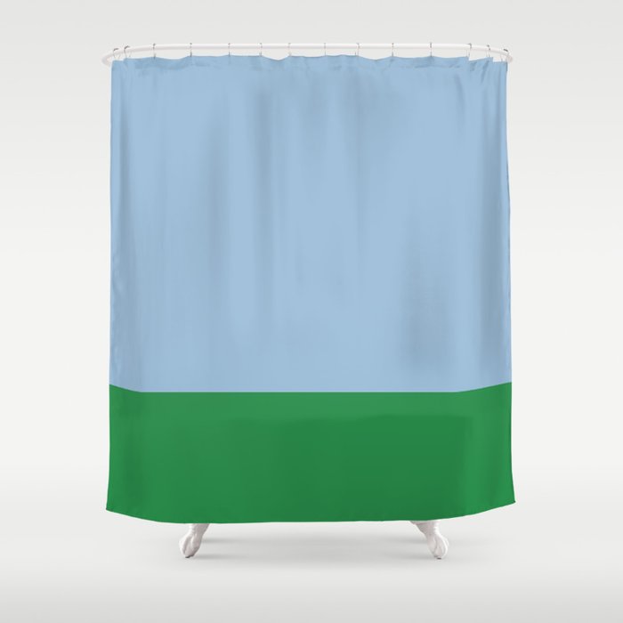 Color Block Minimalist Light Blue and Green Striped Solid Shower Curtain Gallery Image 1