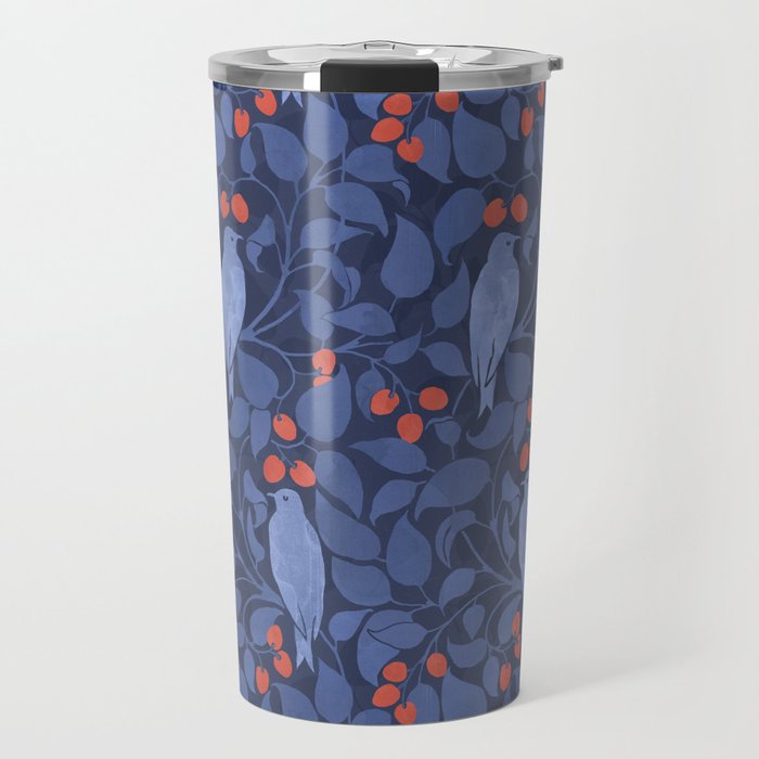 Blue Birds And Red Cherries Blue Travel Mug Gallery Image 1