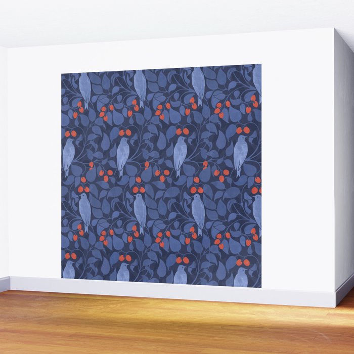 Blue Birds And Red Cherries Blue Wall Mural Gallery Image 2