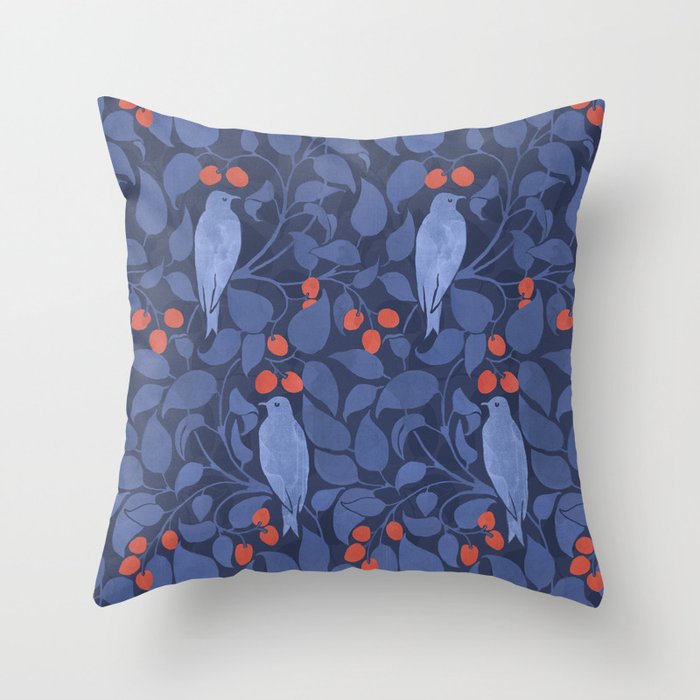 Blue Birds And Red Cherries Blue Throw Pillow Gallery Image 6