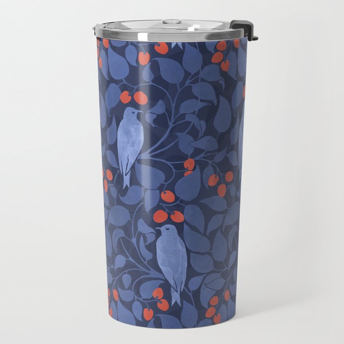 Blue Birds And Red Cherries Blue Travel Mug Gallery Image 2